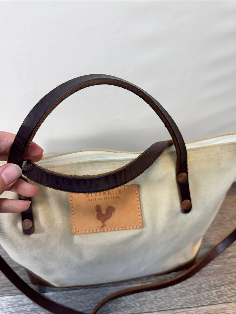 Meanwhile Canvas Shoulder Bag with Brown Leather Trim - Cream